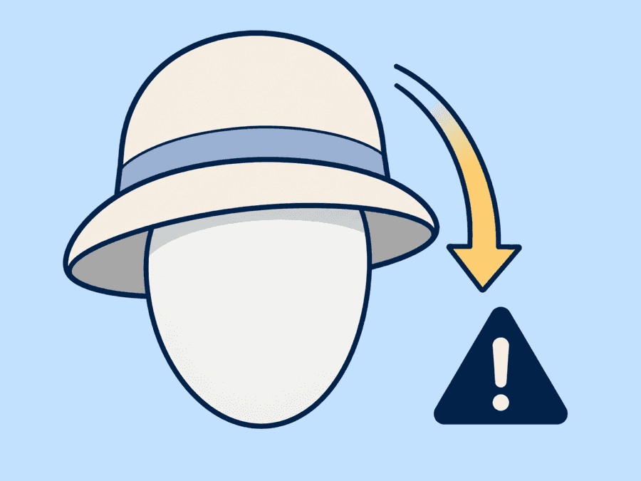 Diagram of an oversized hat slipping down over a head form so the brim covers the brow