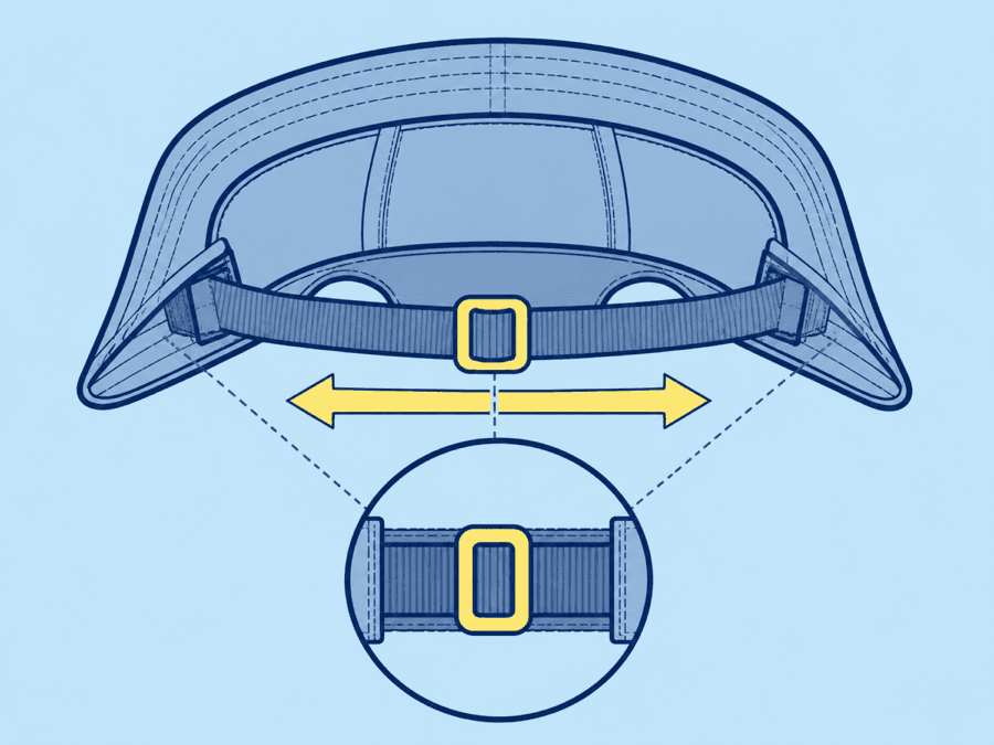 Diagram of a webbing band running through a slider tab inside the hat