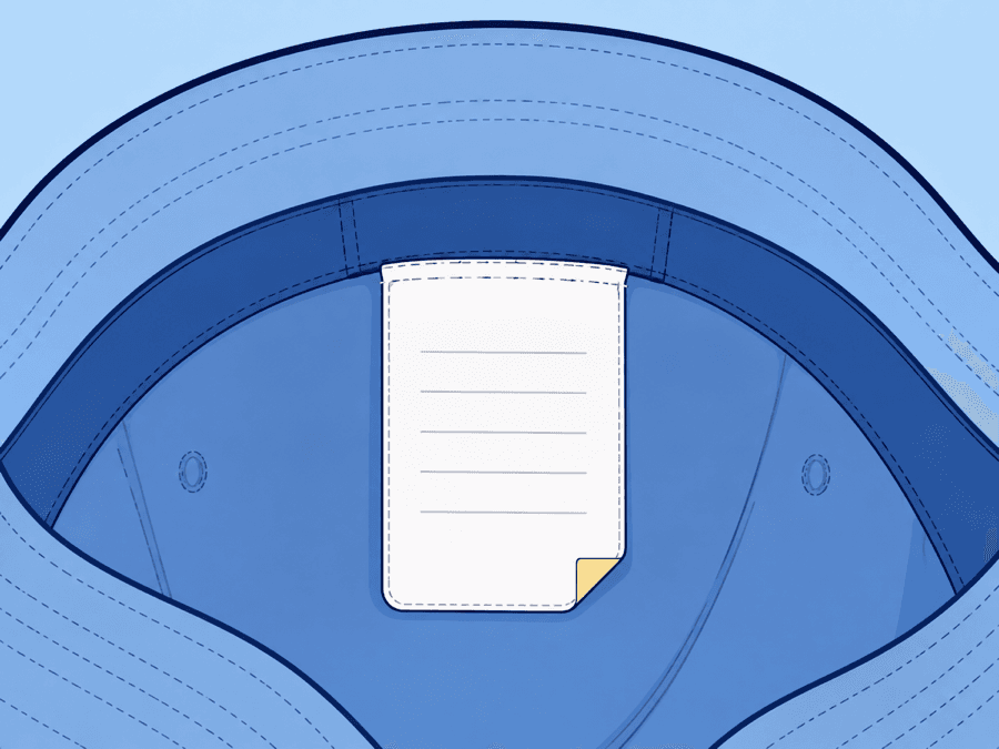 Illustration of a blank care and compliance label sewn inside a hat