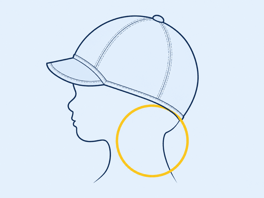 Diagram of a child's hat with the neck and nape area ringed to show there is no cord or drawstring there